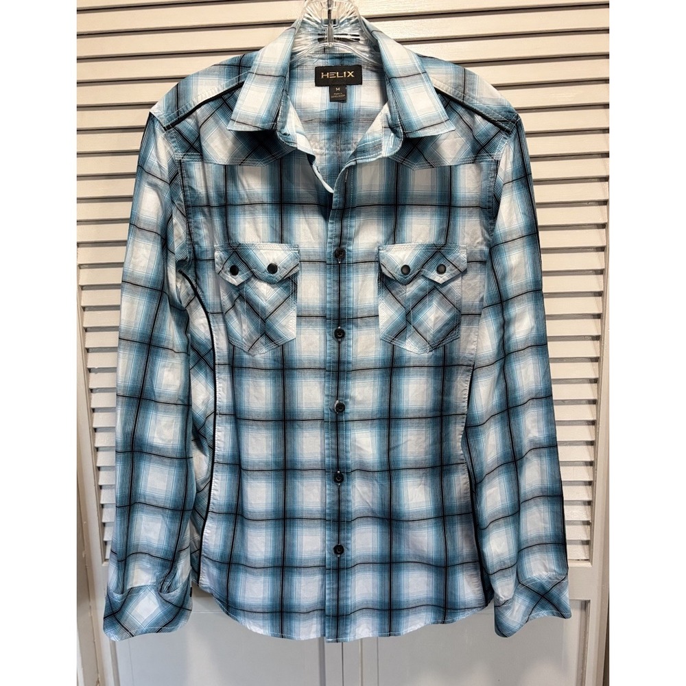 Helix Athletic Fit Plaid Long Sleeve Button Up Shirt Size M Blue/ Black Snap‎
